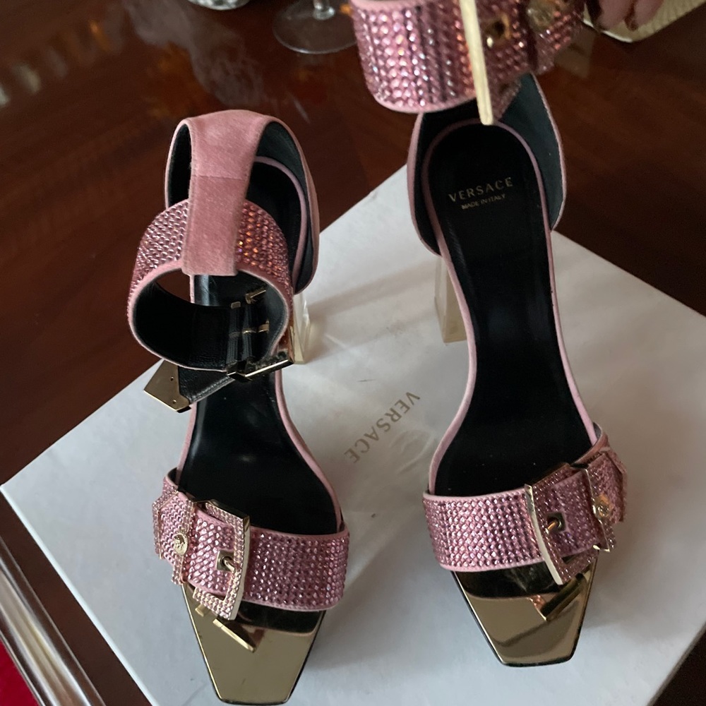 VERSACE pink crystal embellished plexi platform sandals - Picture 3 of 9